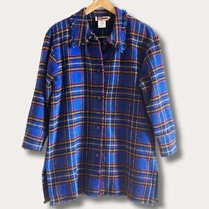 Vintage Cobalt Blue Plaid Textured Frayed | Fringe Indie Grunge Shacket